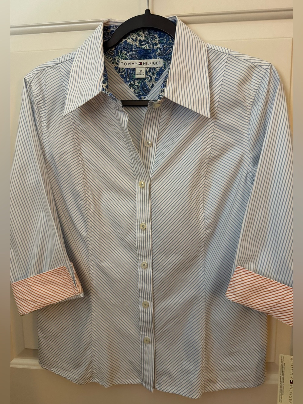 Tommy Hilfiger Shirt 100% Cotton White & Light Blue Stripe Button-Down *NWT*